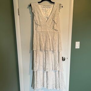 LULUS TIERED LACE WHITE MIDI DRESS PLUS
